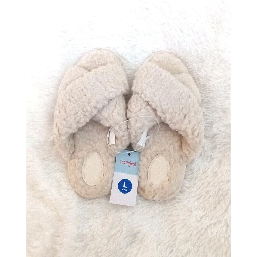 Cat & Jack Girls Soft & Furry Cross Front Slide Slippers (Size L/4-5) Off-White